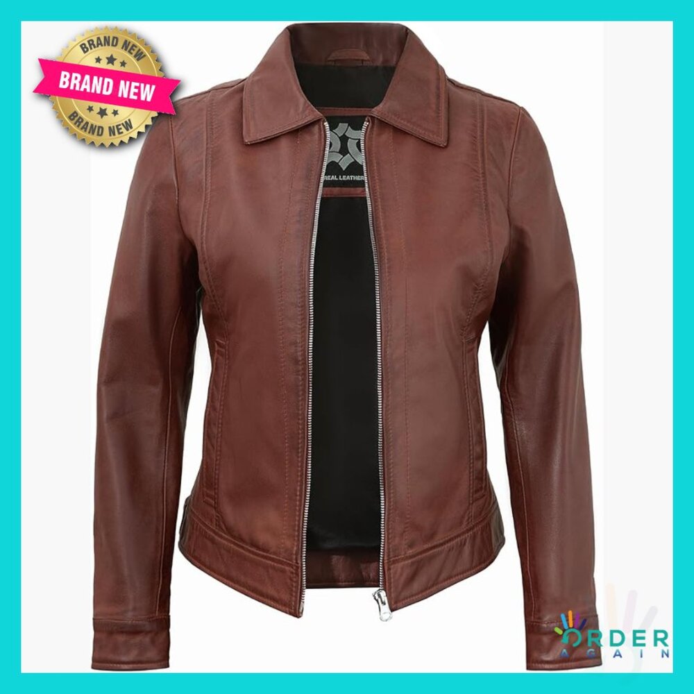 Vintage Lambskin Leather Jacket Turn Down Collar Casual Chic Classic